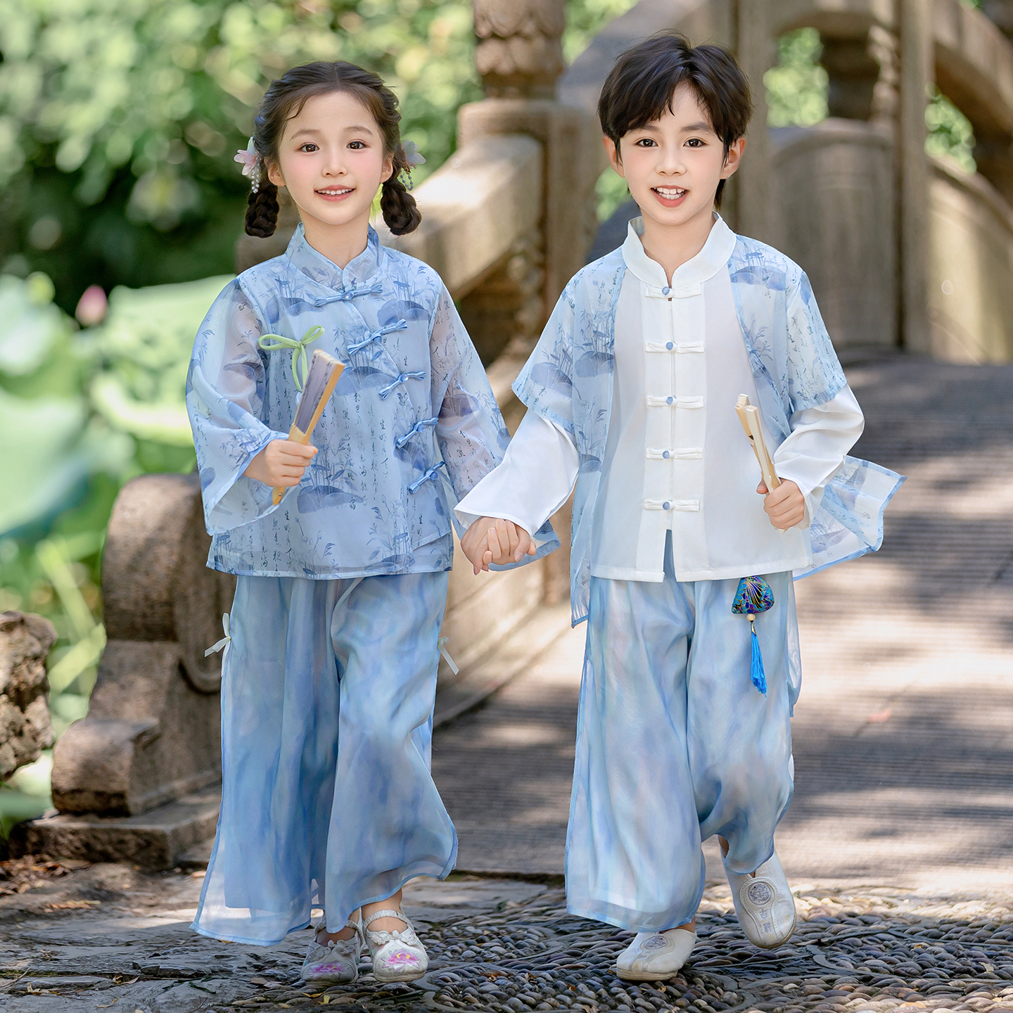 儿童唐装新中式表演服春秋季汉服男女童国学古装上春山演出服朗诵