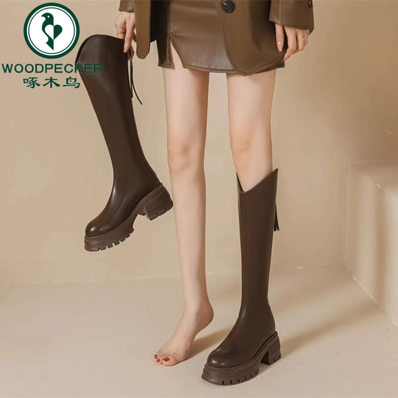 啄木鸟时尚百搭英伦风加宽粗腿靴女2025秋冬季新款小个子骑士长靴