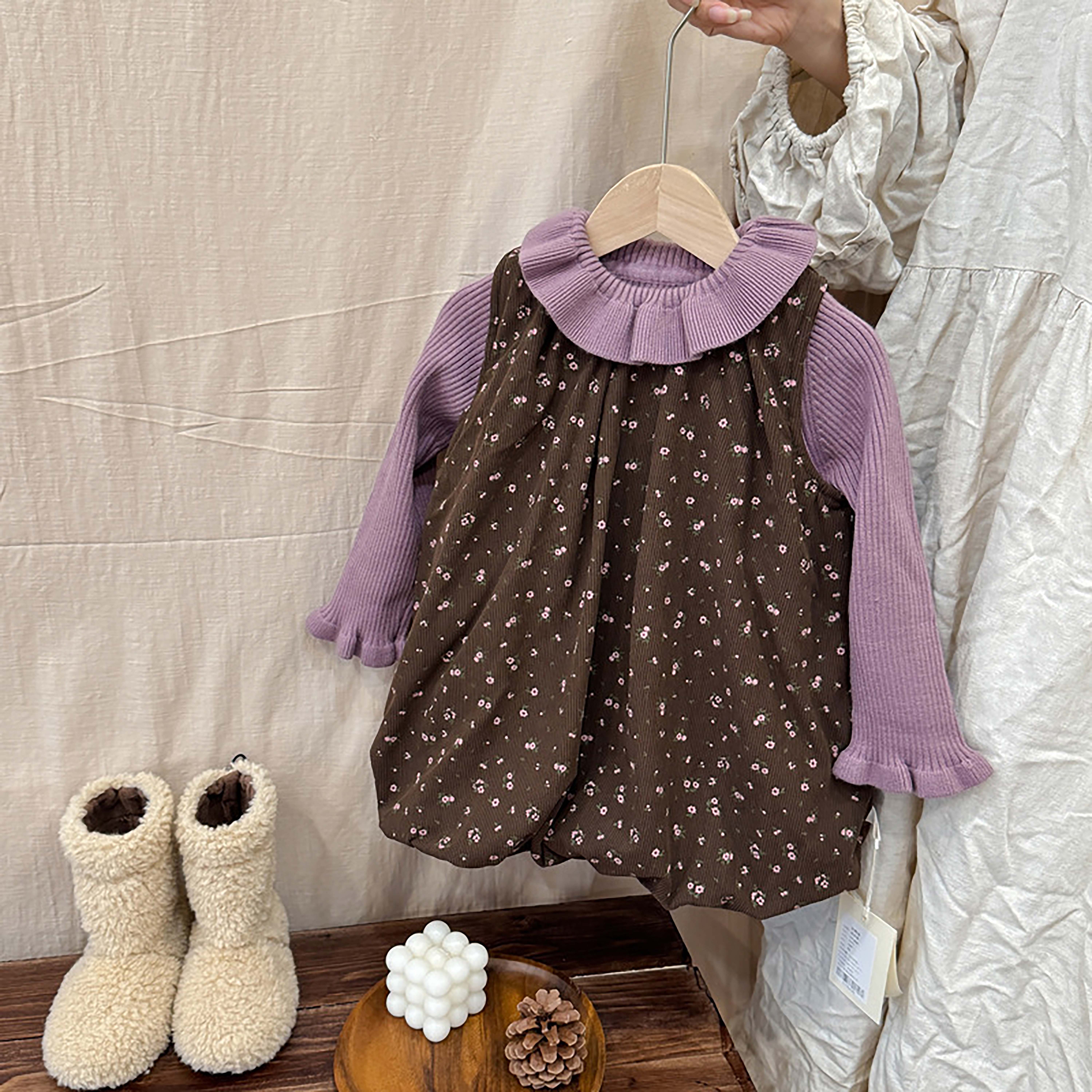 女宝冬款碎花裙套装2025新款女童冬天裙子夹棉深秋毛衣两件套韩版