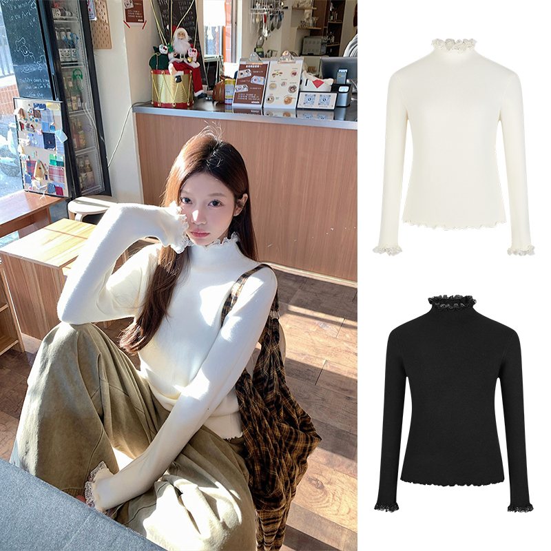 MosesQueen/魔西女王韩版甜辣风半高领木耳边打底衫加厚保暖上衣