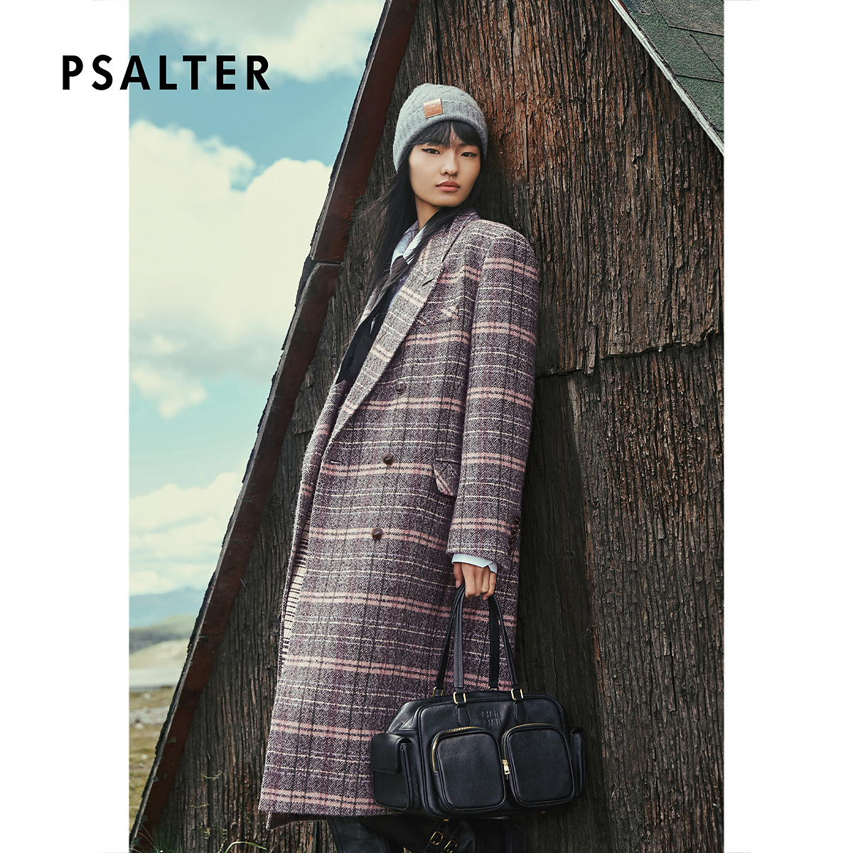 PSALTER诗篇复古格纹学院风阔肩直身毛呢大衣外套2025冬季新款