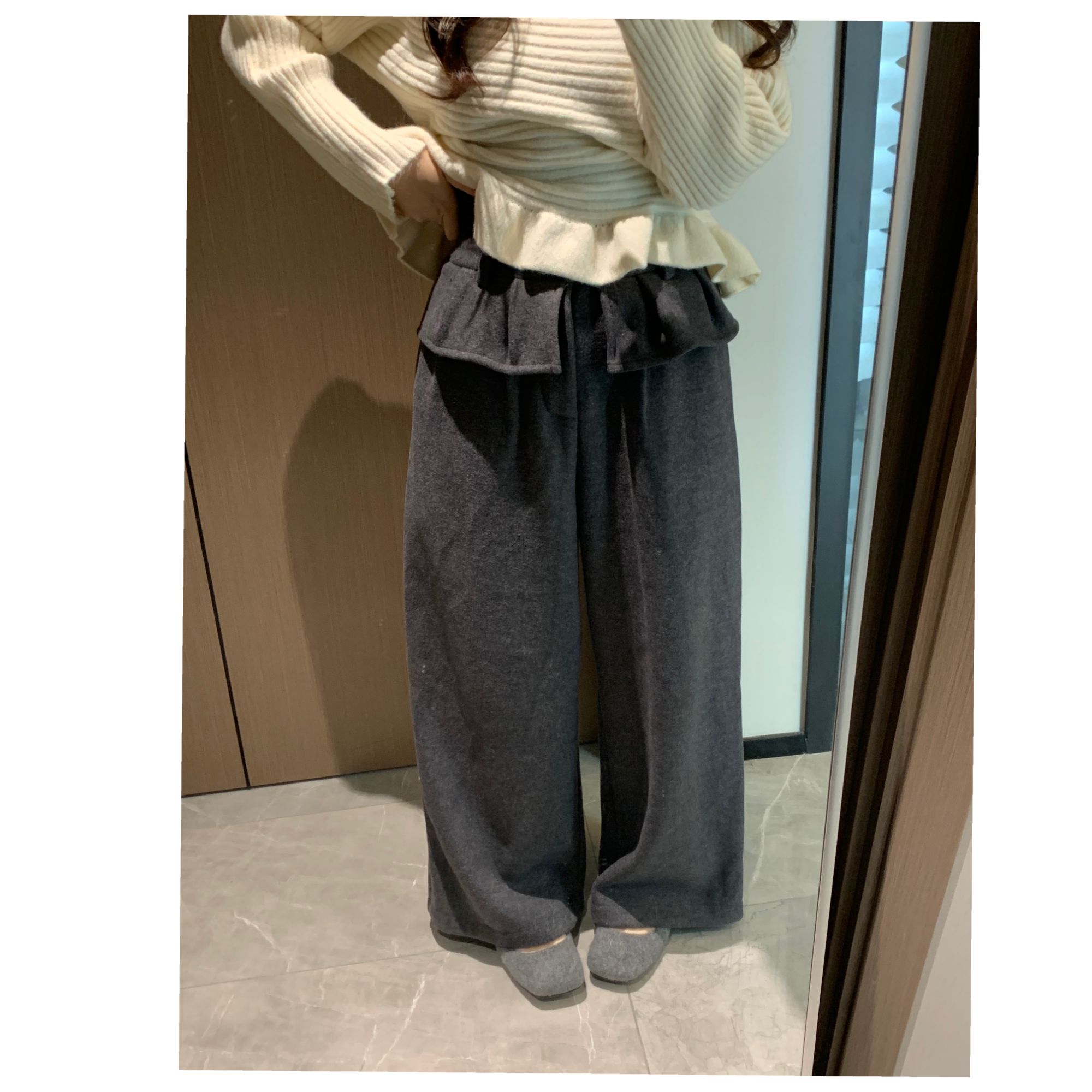 【荷叶裤】韩系设计感假两件屁帘拼接阔腿裤女高腰显瘦加绒长裤