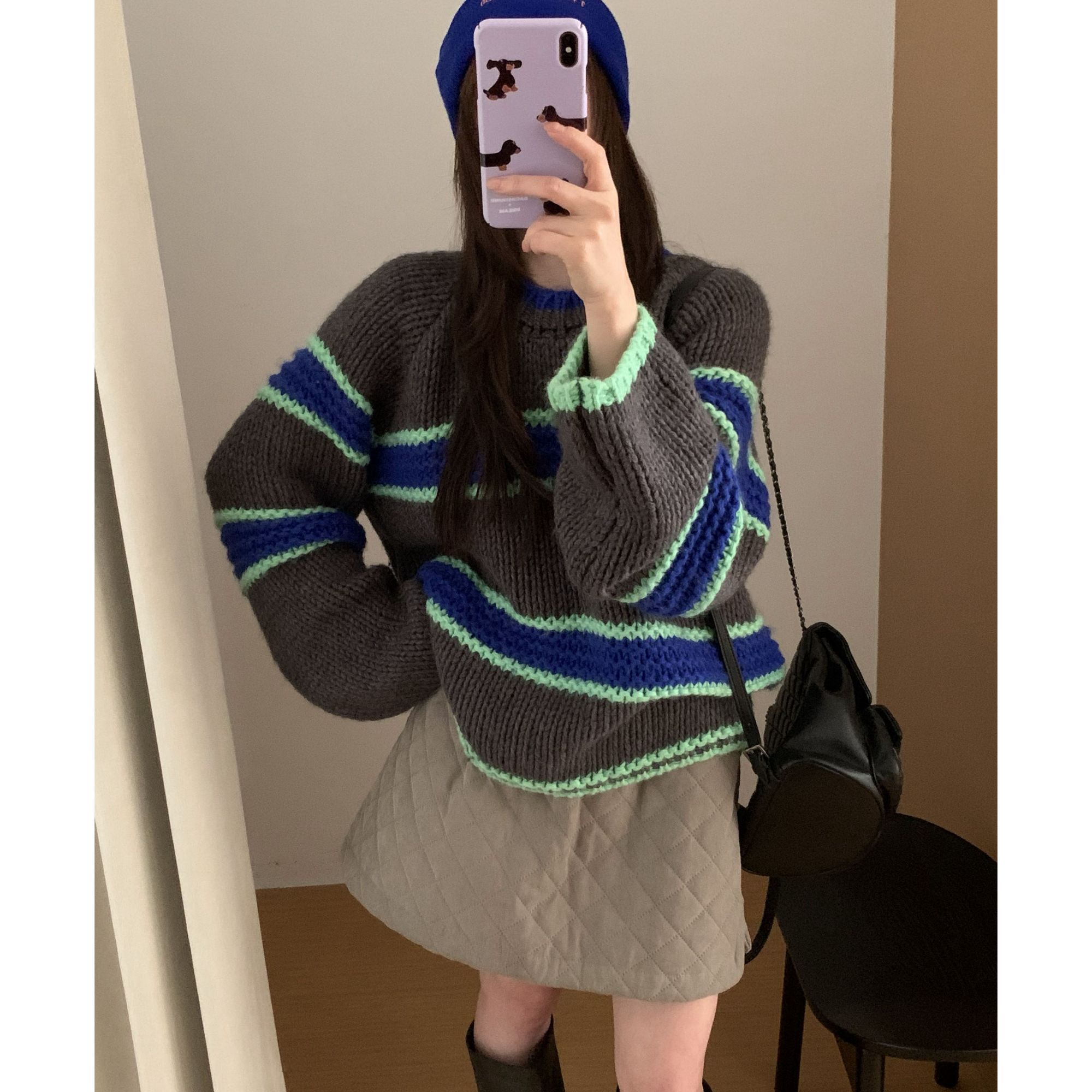 T2919 威廉古堡 条纹撞色宽松针织毛衣女