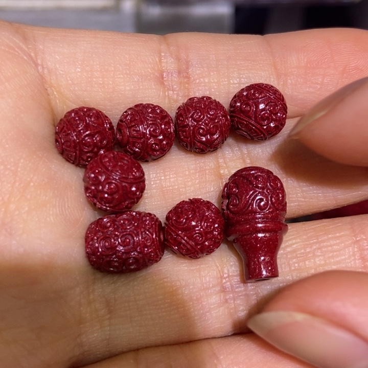 【闪购商品】天然辰砂8回纹6颗三通 桶珠