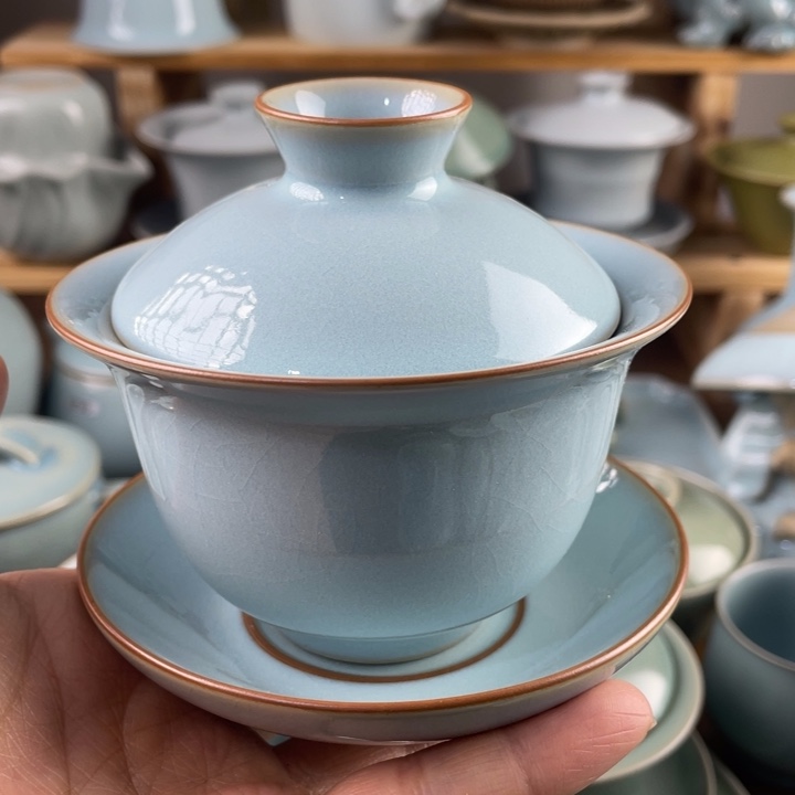 J原矿原产地精品福利天青三才元宝盖碗?*多