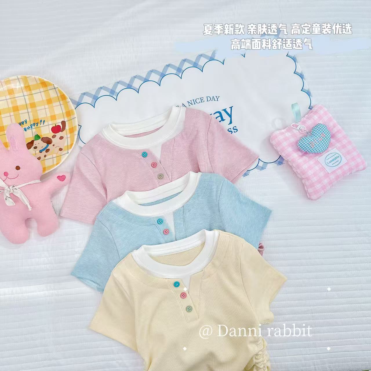 【Dannirabbit】*多巴胺彩扣假两件T恤+女童百搭短袖 X-7229