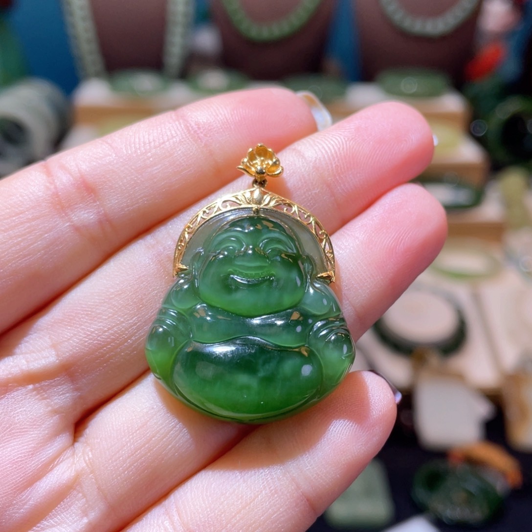 和田玉高品18Ｋ绿猫佛公18K金镶嵌