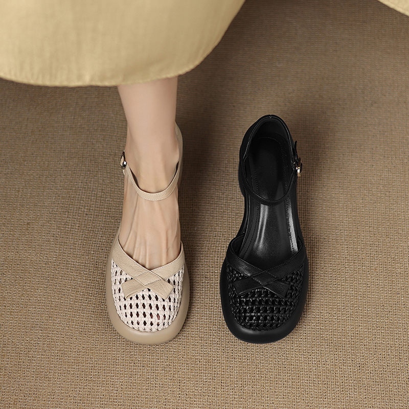 6.5厘米超软头层羊皮圆头镂空凉鞋防水台厚底超轻舒适厚底洞洞鞋