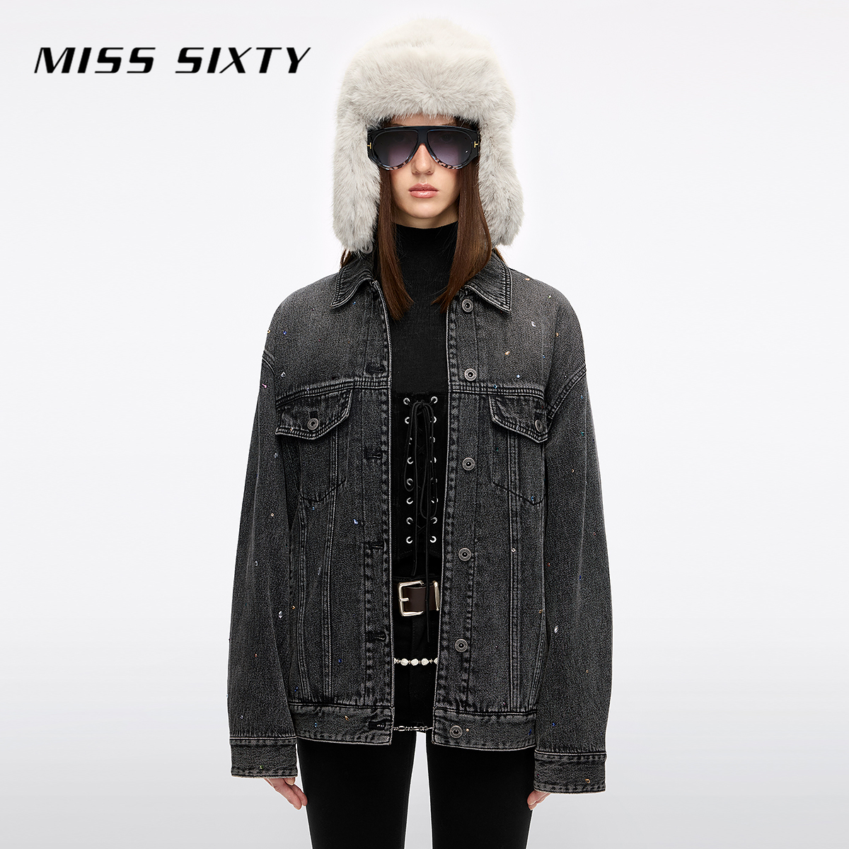 Miss Sixty2025冬季新款抓毛牛仔外套女重工多彩烫钻复古洗水