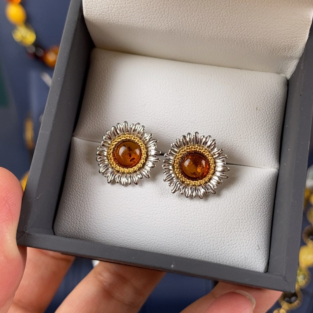 琥珀耳饰银S925镀金镶嵌