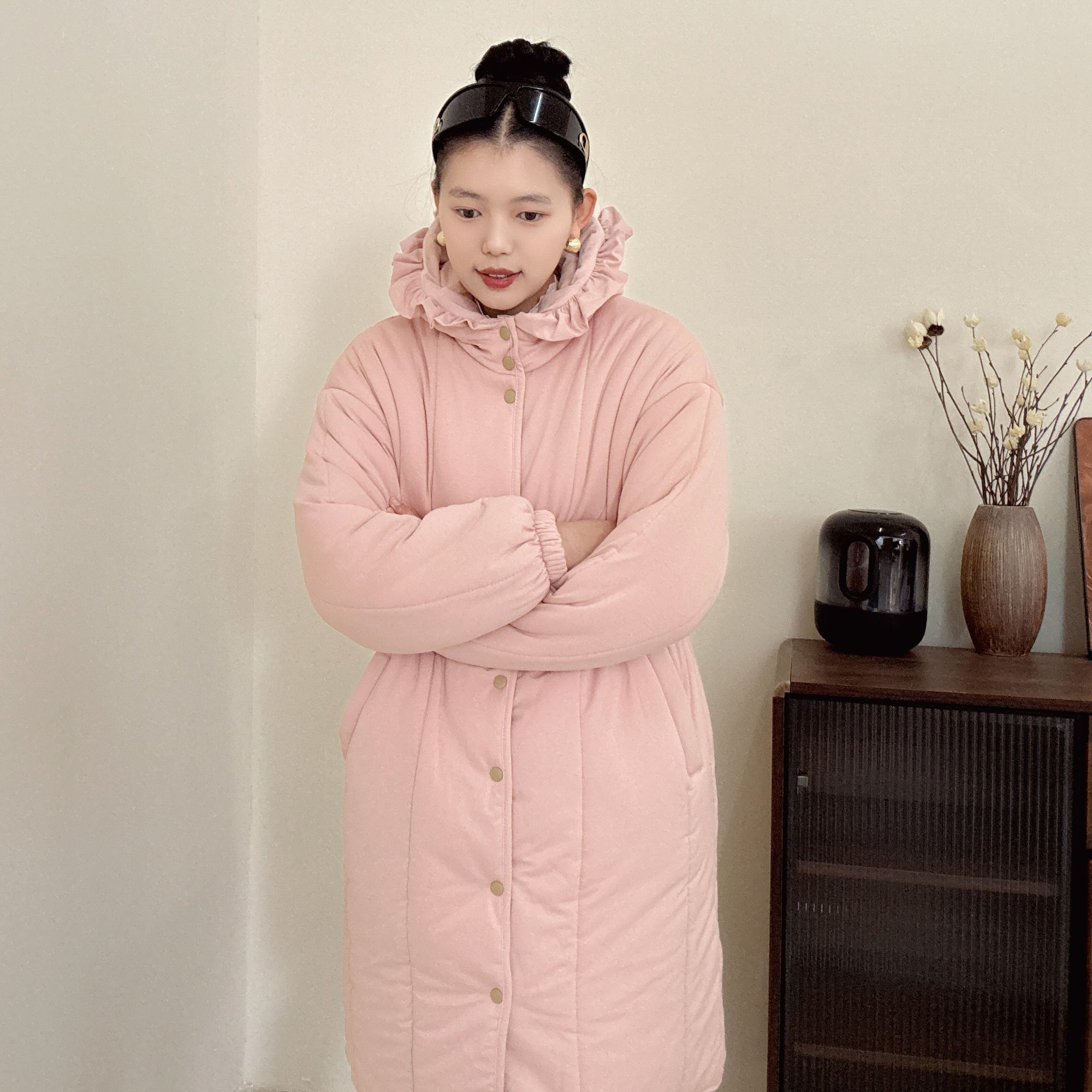 【纯粉色收腰中长款】300g新疆棉花边帽收腰中长款宽松家居服女棉衣