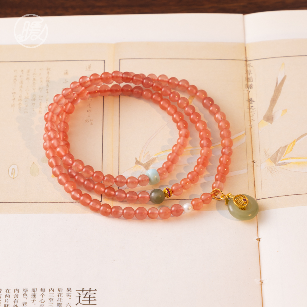 三圈南红玛瑙手串4mm搭配和田玉平安扣吊坠手链H4119多样性发一