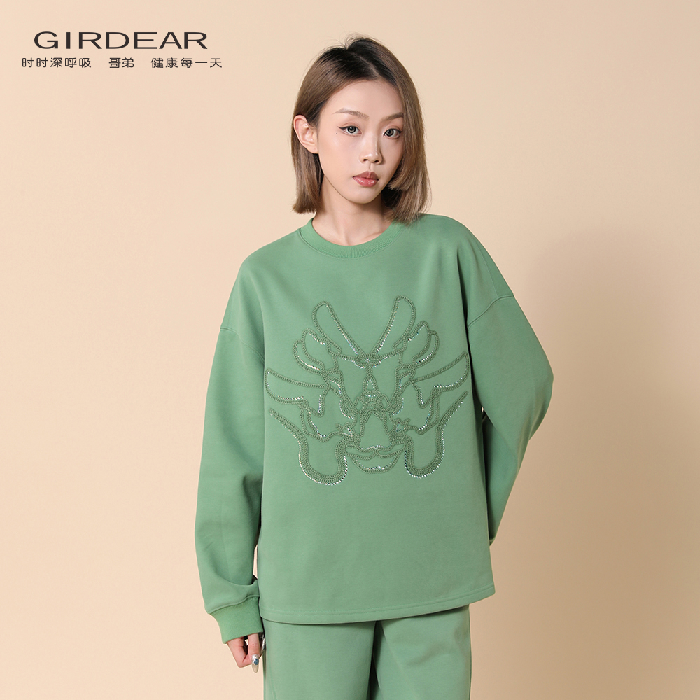 哥弟高级感GIRDEAR时尚百搭潮流宽松圆领龙头logo套头卫衣1301059