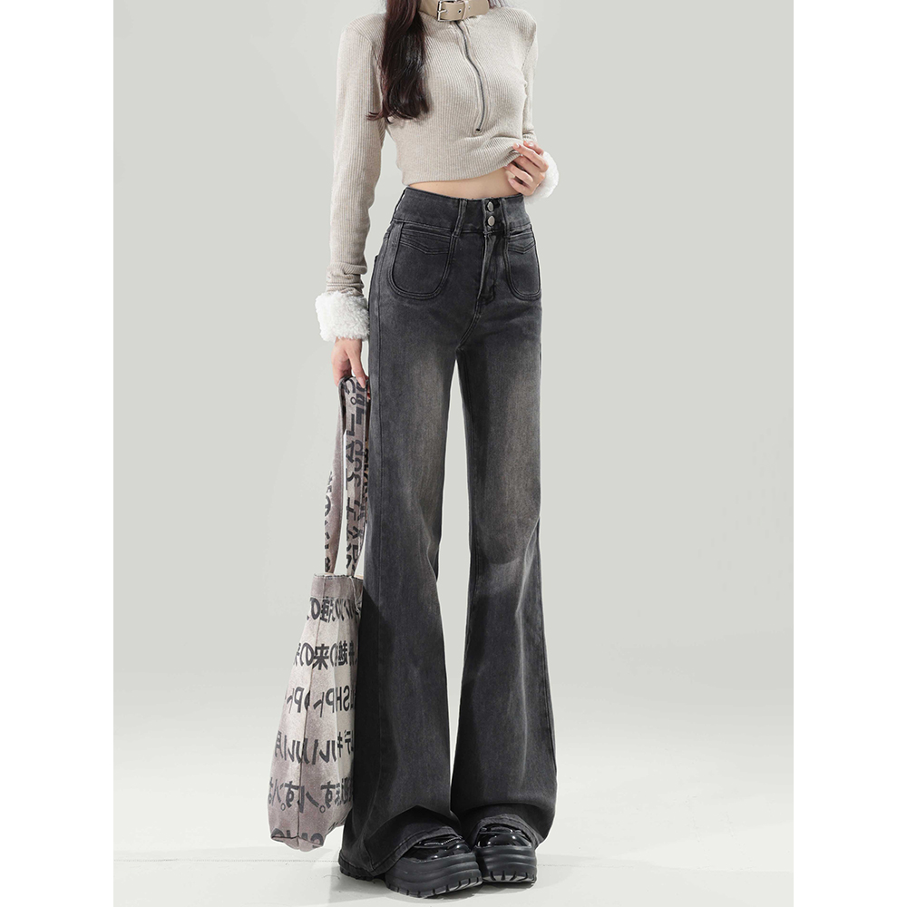 黑灰色不贴腿微喇牛仔裤女秋冬新款高腰弹力修身显瘦直筒喇叭裤子