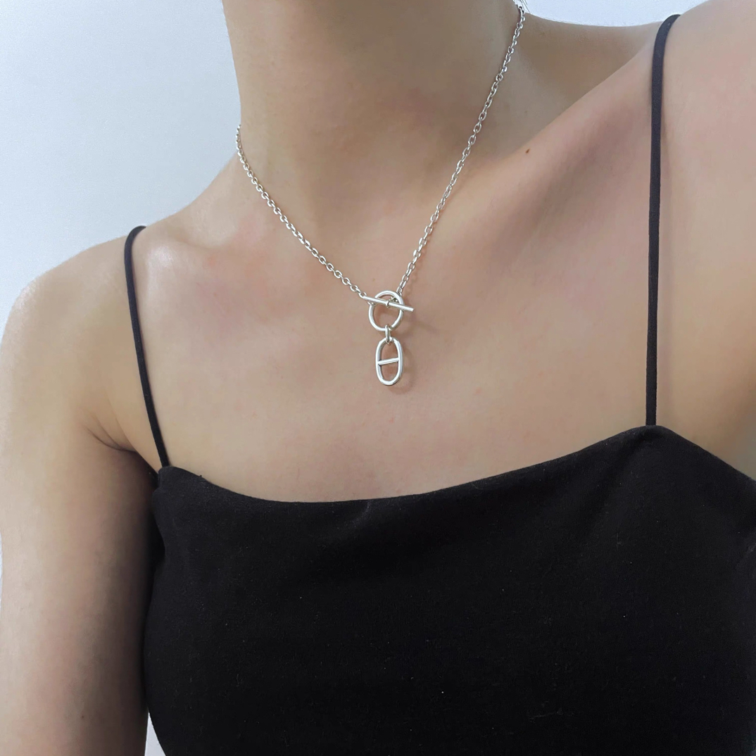 925银银制品 韩国东大门s925纯银猪鼻ot扣项链休闲时尚锁骨链