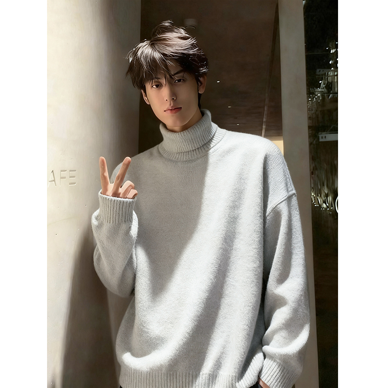 cleanfit灰色高领毛衣男款冬季加绒加厚打底针织衫内搭重磅毛线衣