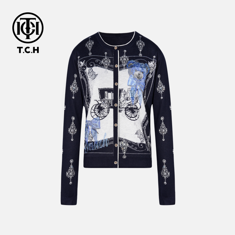 TCH烫钻工艺新时尚淑女百搭新潮流针织衫轻奢秋冬印花牛仔T75C09E