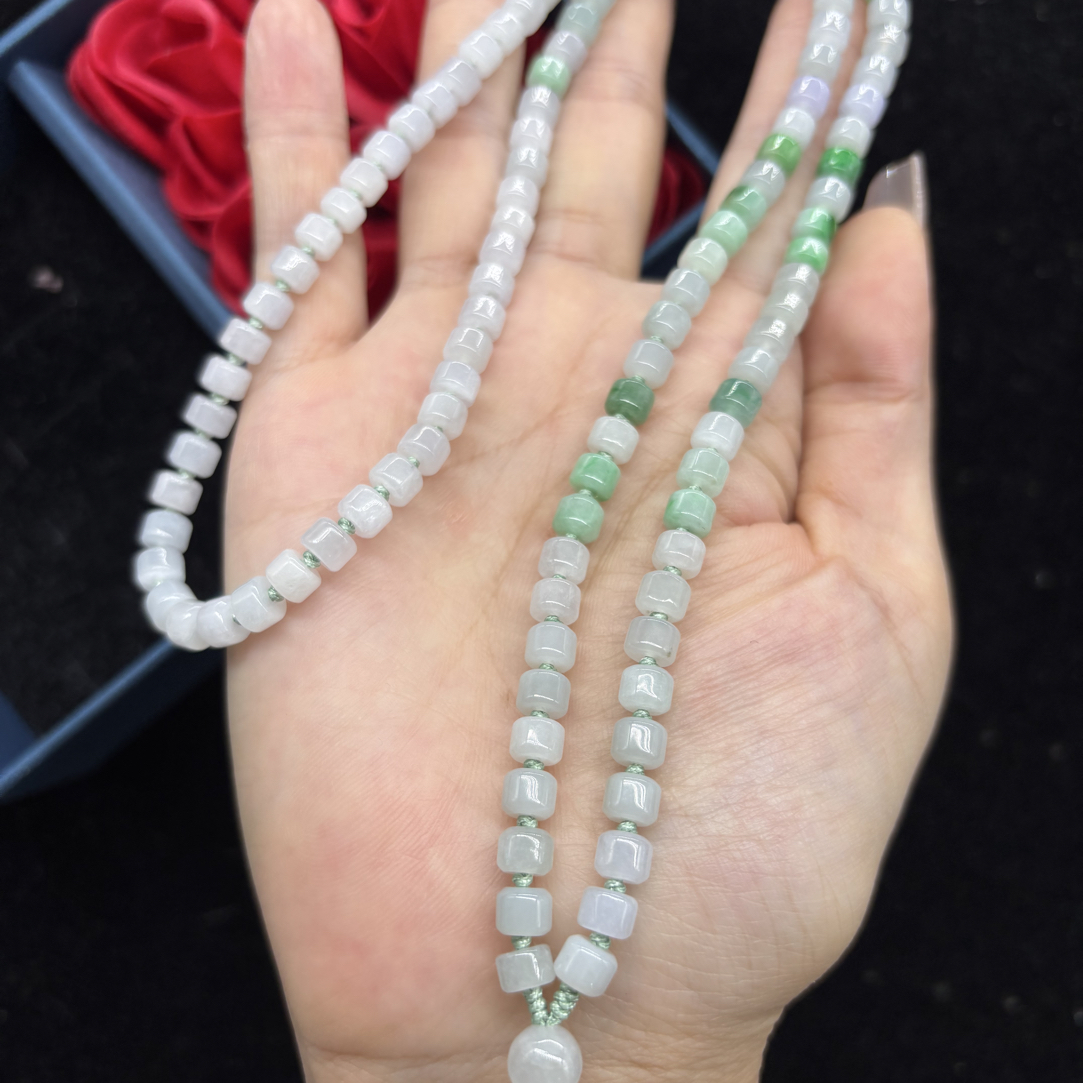 保真天然A货缅甸翡翠拼色绿色桶珠5mm玉石挂件绳毛衣链百搭款珠链