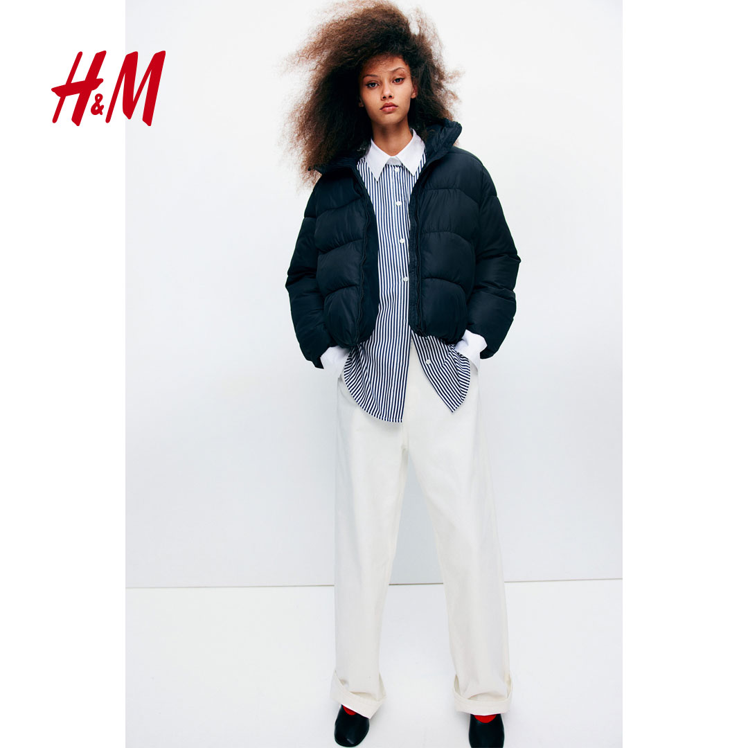 HM女装夹克2025冬季新款女款防寒服拉链连帽长袖卫衣外套1234490