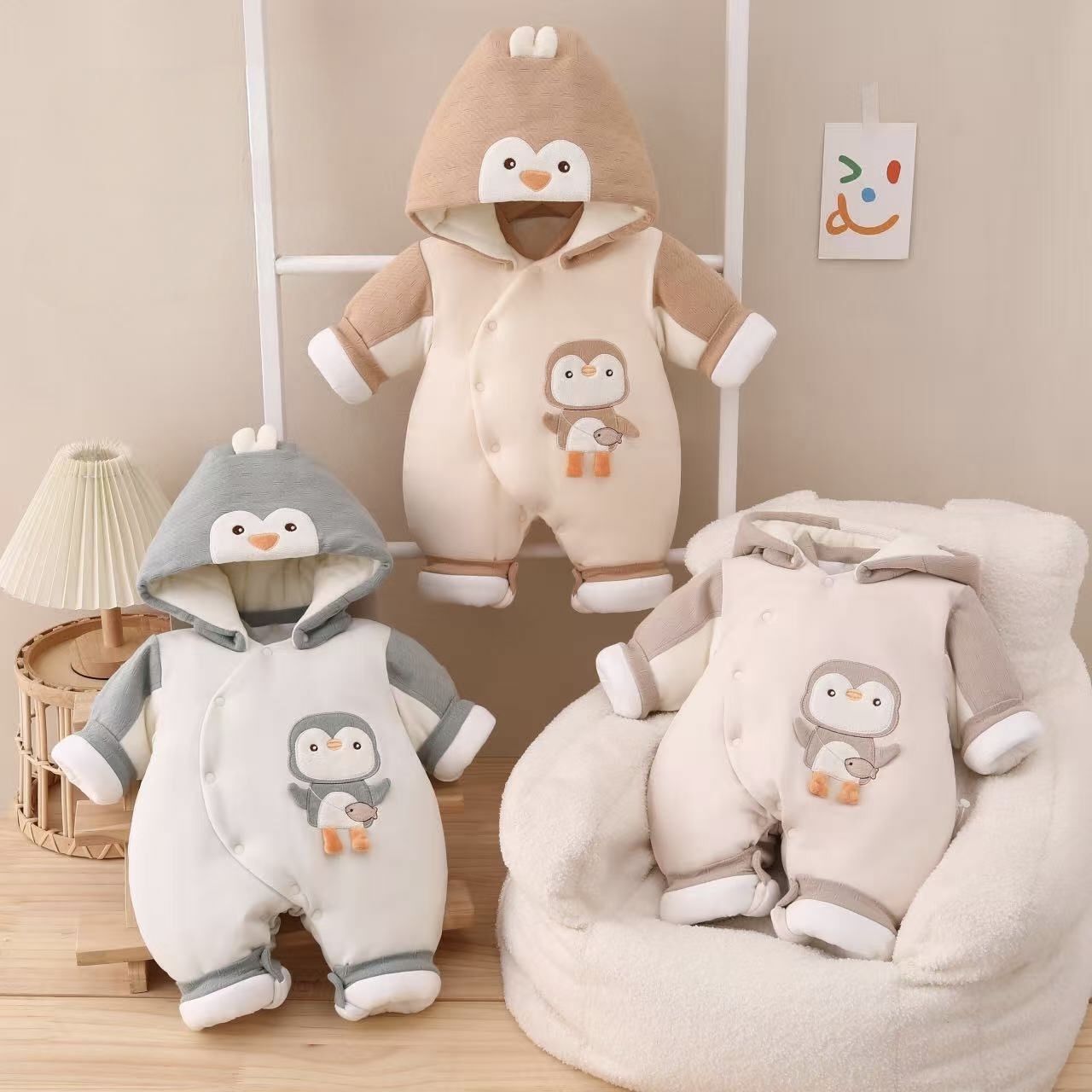 300g加厚新生儿连体衣连帽外出服冬季婴儿衣服0-3个月企鹅宝贝