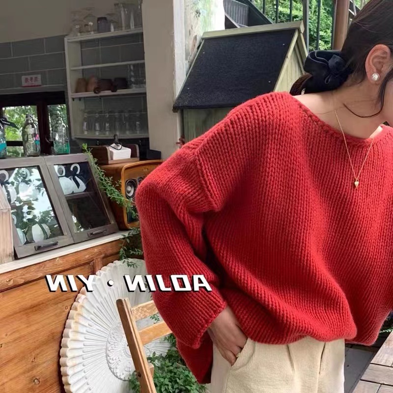 T1278  番茄红一字领基础毛衣