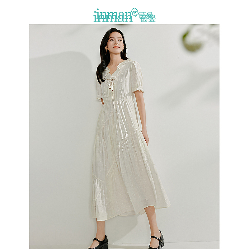 【欧若风新品】茵曼夏季法式荷叶边V领连衣裙温柔风刺绣泡泡袖裙子