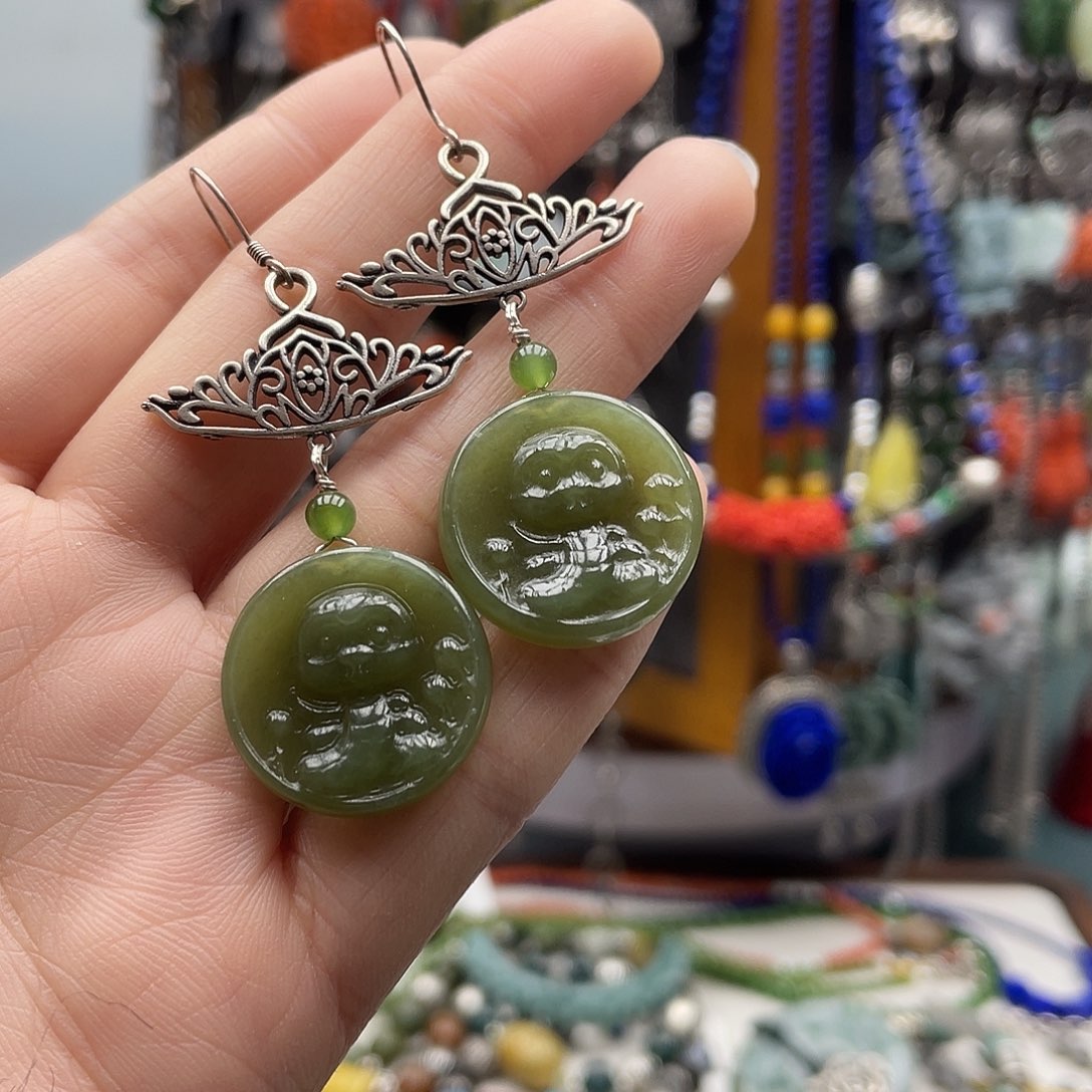 和田玉耳饰银S925镶嵌饰品