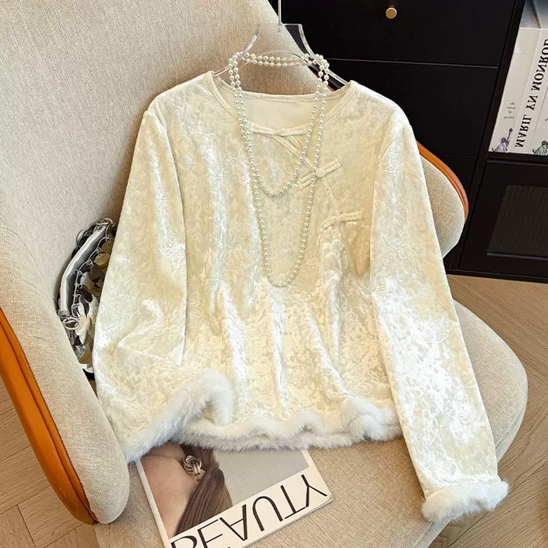 D999-3250【忆雪】新中式加绒加厚打底衫斜盘扣女款长袖丝绒上衣