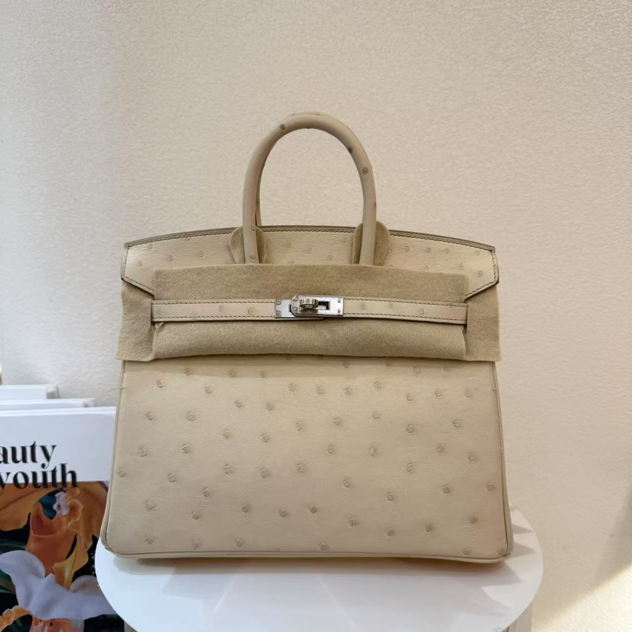 99新 Hermes/爱马仕 birkin 25 Z 鸵鸟 8L 冰川白lk0222a0 