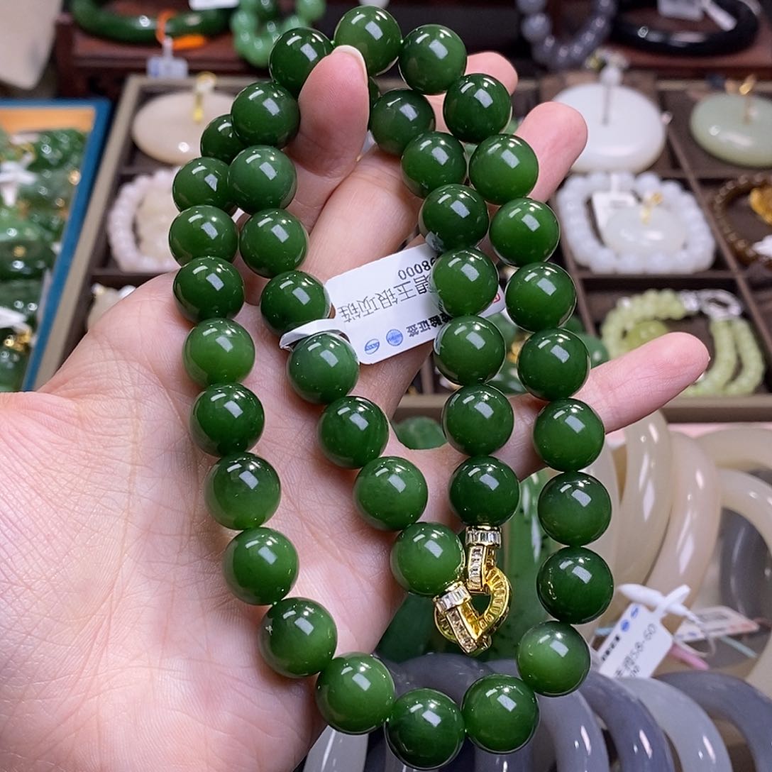 和田玉俄七碧玉银镶老料毕业级妈妈链11.5MM未镶嵌