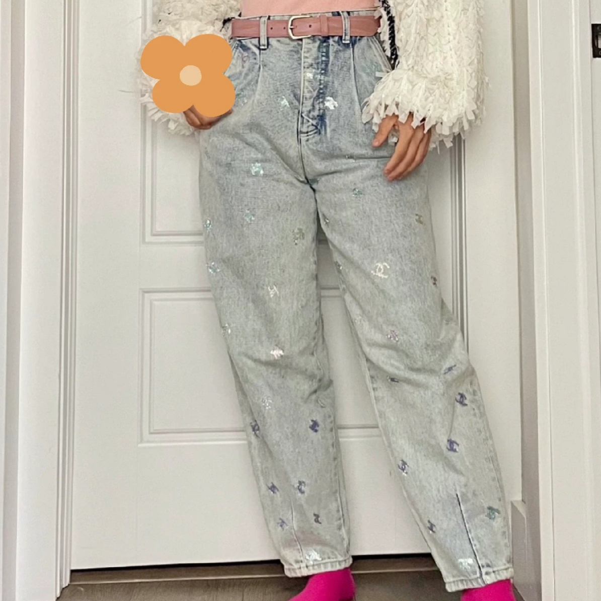 99新 Chanel/香奈儿 蓝色亮片logo休闲牛仔裤40码