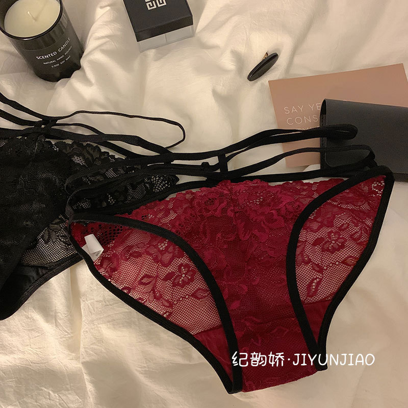 纯欲风蕾丝火辣少女内裤女士低腰交叉细带红色夏季性感三角裤镂空