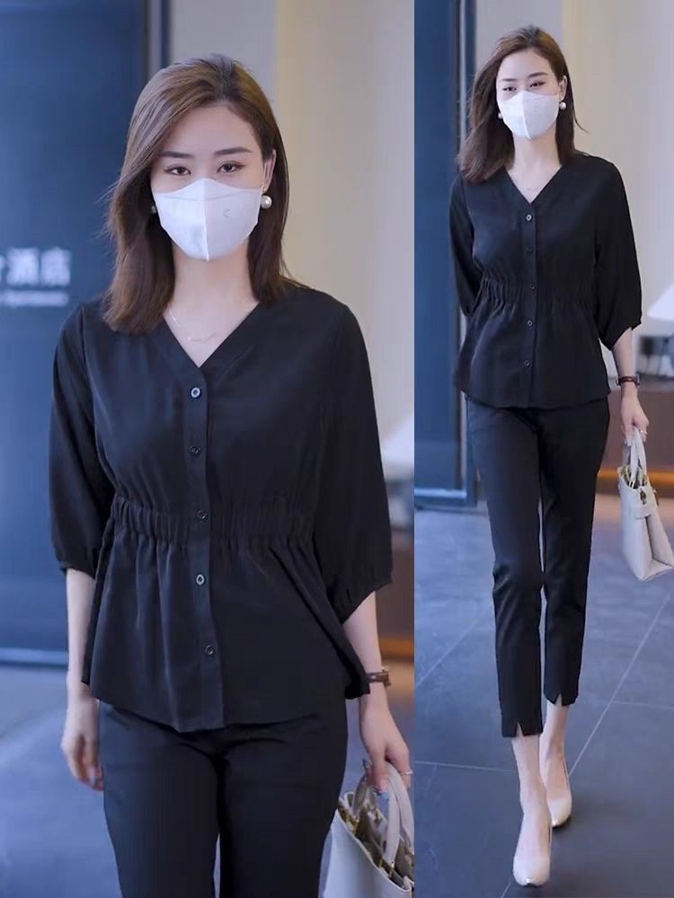 新款大码女装爆款修身衬衣时尚遮肚子七分袖衬衫洋气收腰显瘦上衣