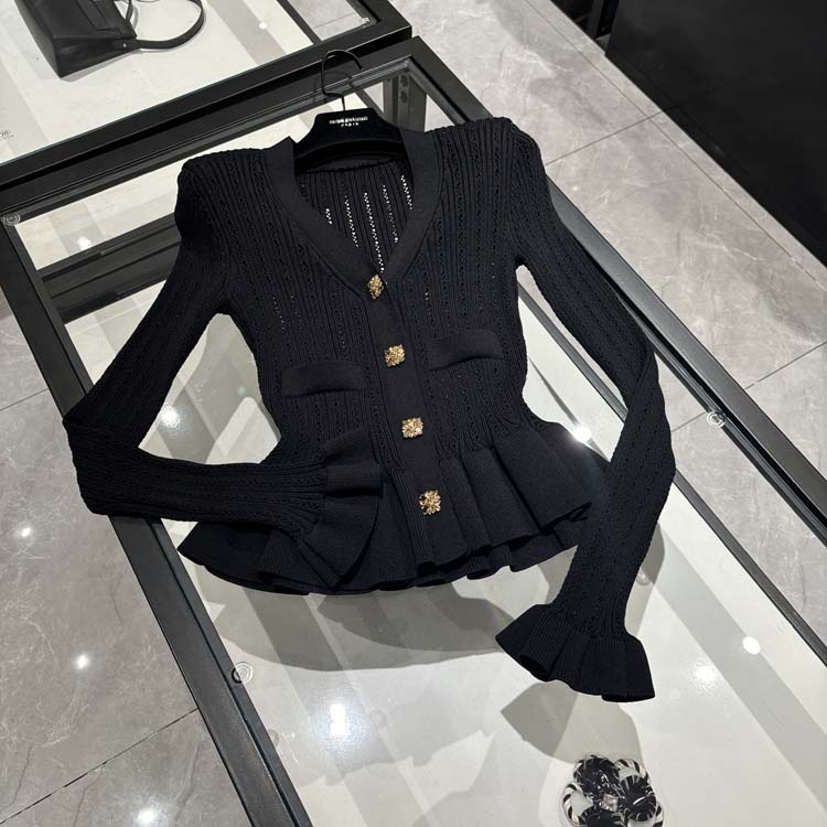 25年春装新款女装 法式裙摆荷叶袖镂空收腰小开衫-24189