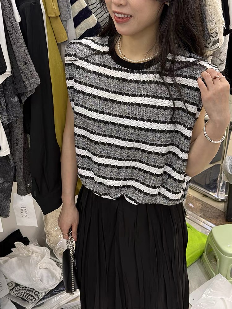 福利上衣6071 设计感条纹无袖针织垫肩T2025夏季新款休闲百搭减龄