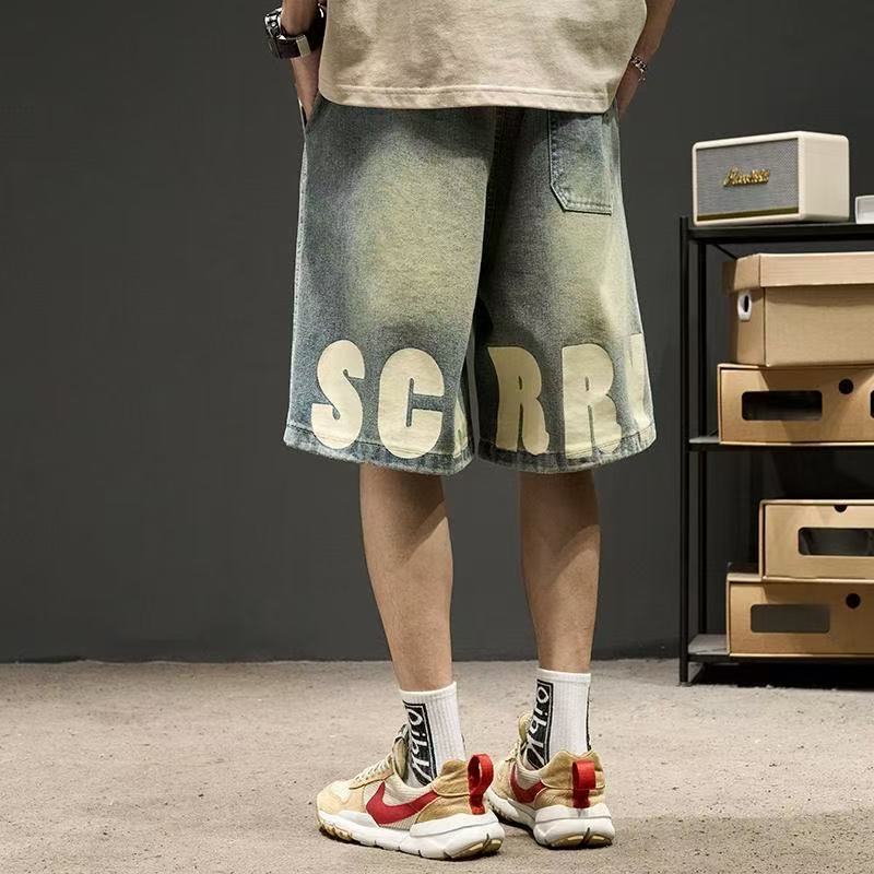休闲港风短裤字母印花设计百搭五分裤ins夏季牛仔裤直筒薄款牛仔