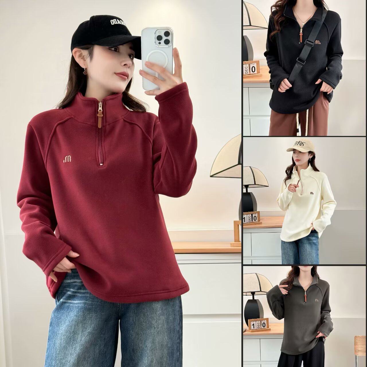 2025年冬季半高领长袖刺绣美式慵懒纯色大码卫衣加绒加厚卫衣