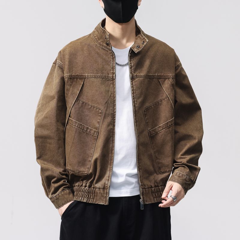 春秋新款高端纯棉夹克宽松立领复古外套男休闲百搭上衣外套
