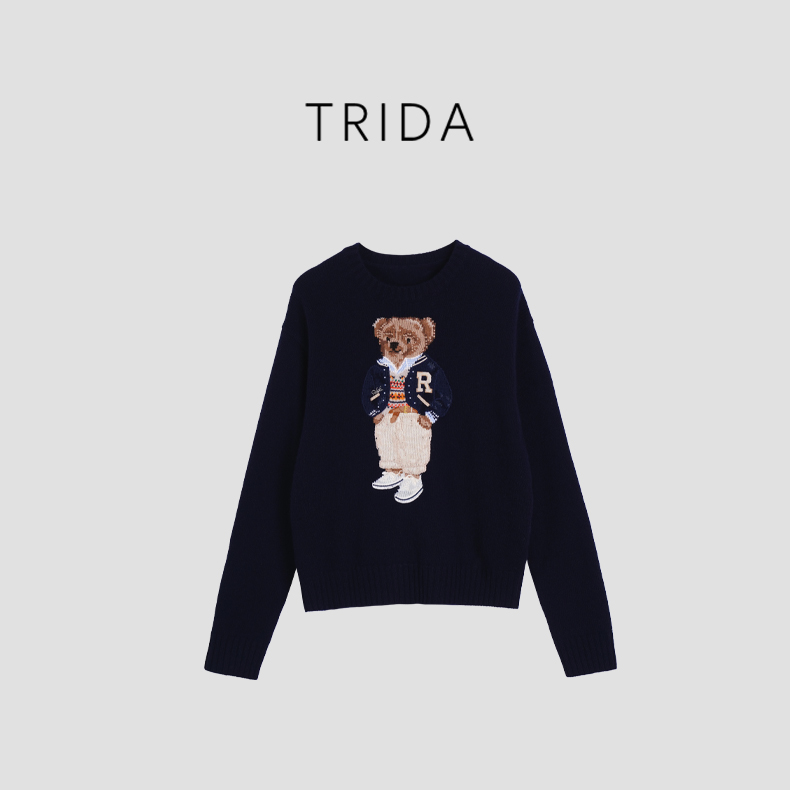 【绅士小熊】两色90羊毛+10羊绒圆领小熊刺绣长袖针织衫256652AC