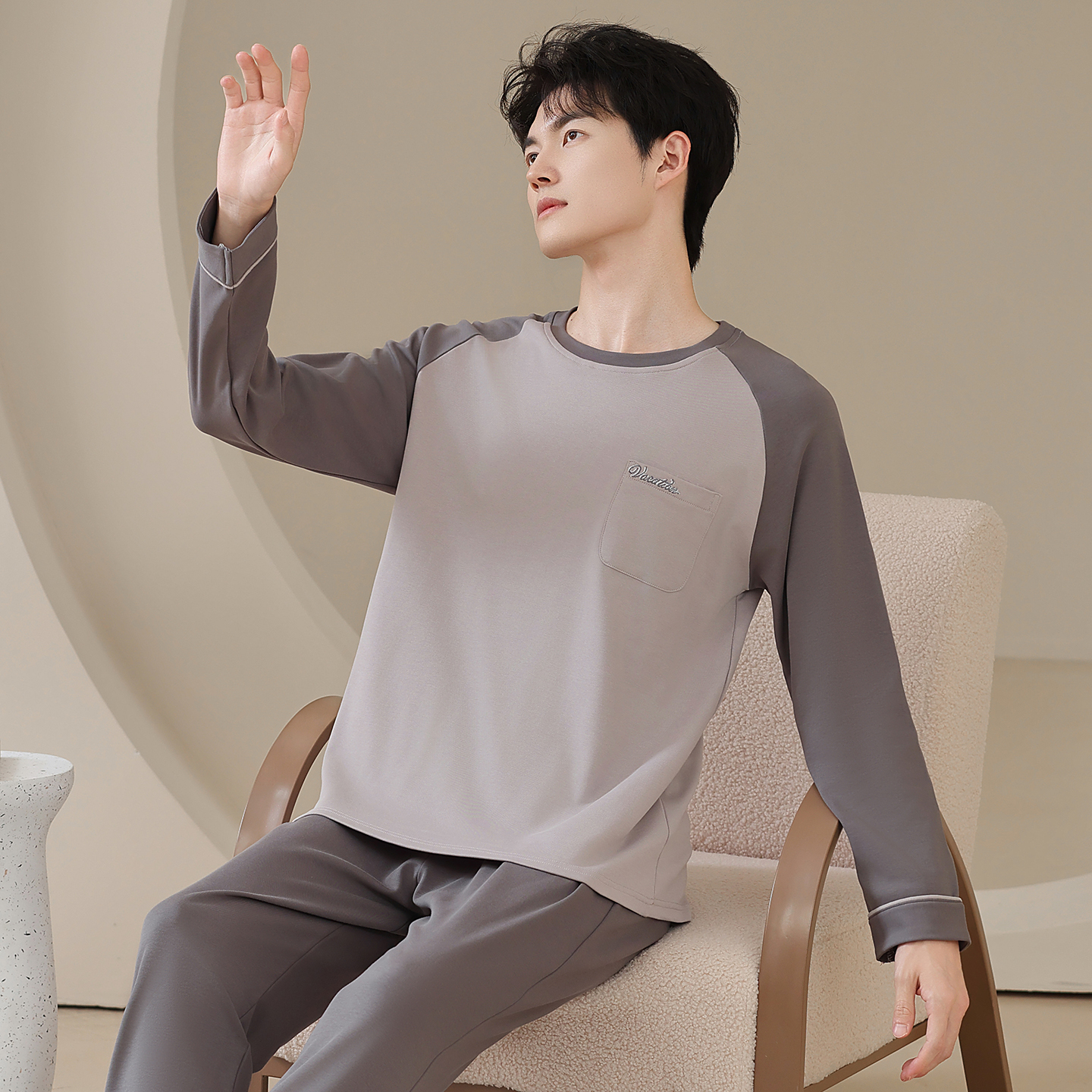 100%棉睡衣男士秋季长袖长裤青少年学生纯棉双面秋冬款家居服套装