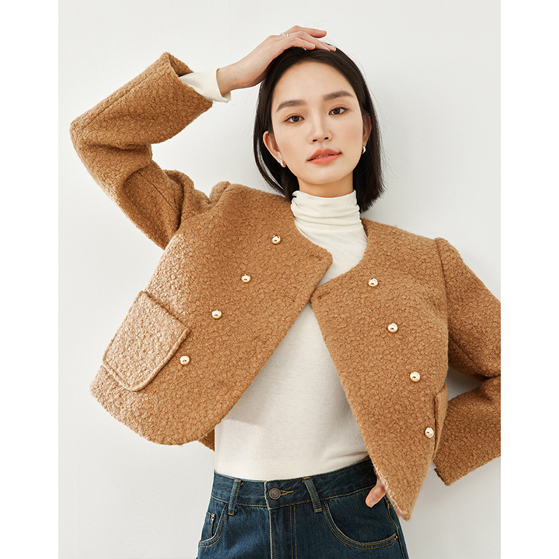 梵希蔓纯色圆领双排扣短外套保暖冬季女显瘦气质休闲M5505