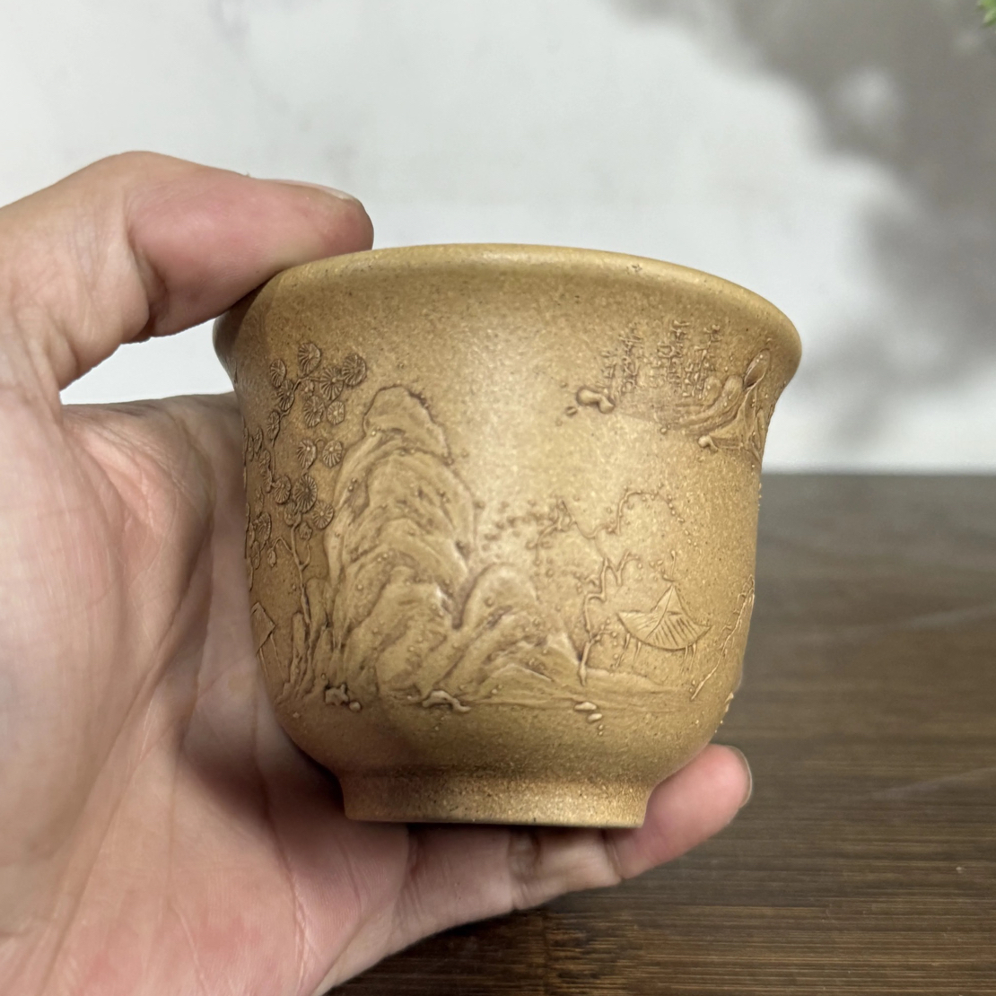 宜兴紫砂杯原矿本山绿泥全手工主人杯泥绘台湾回流精品100CC