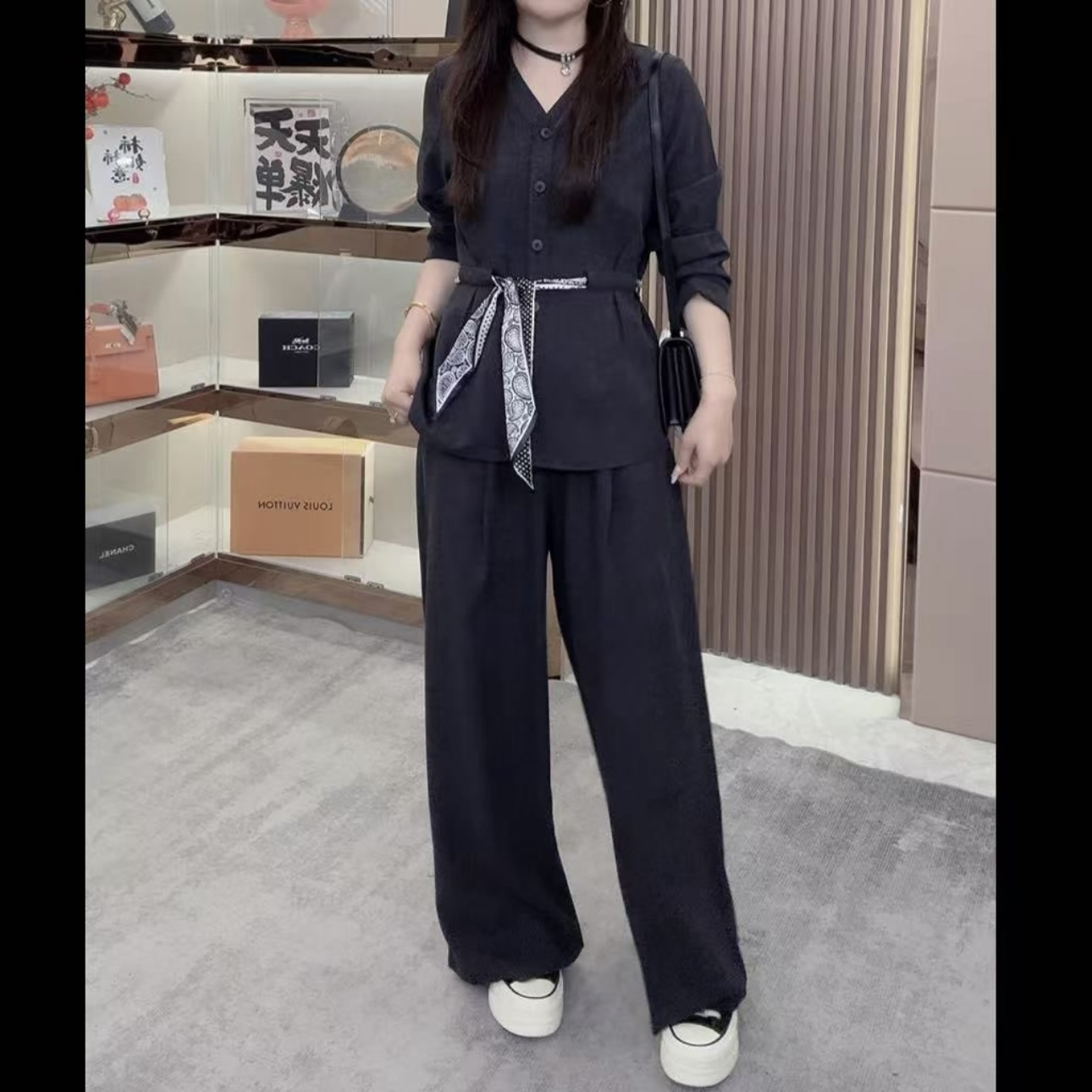 秋季新款时尚收腰显瘦长袖衬衫搭配阔腿裤气质通勤时尚套装
