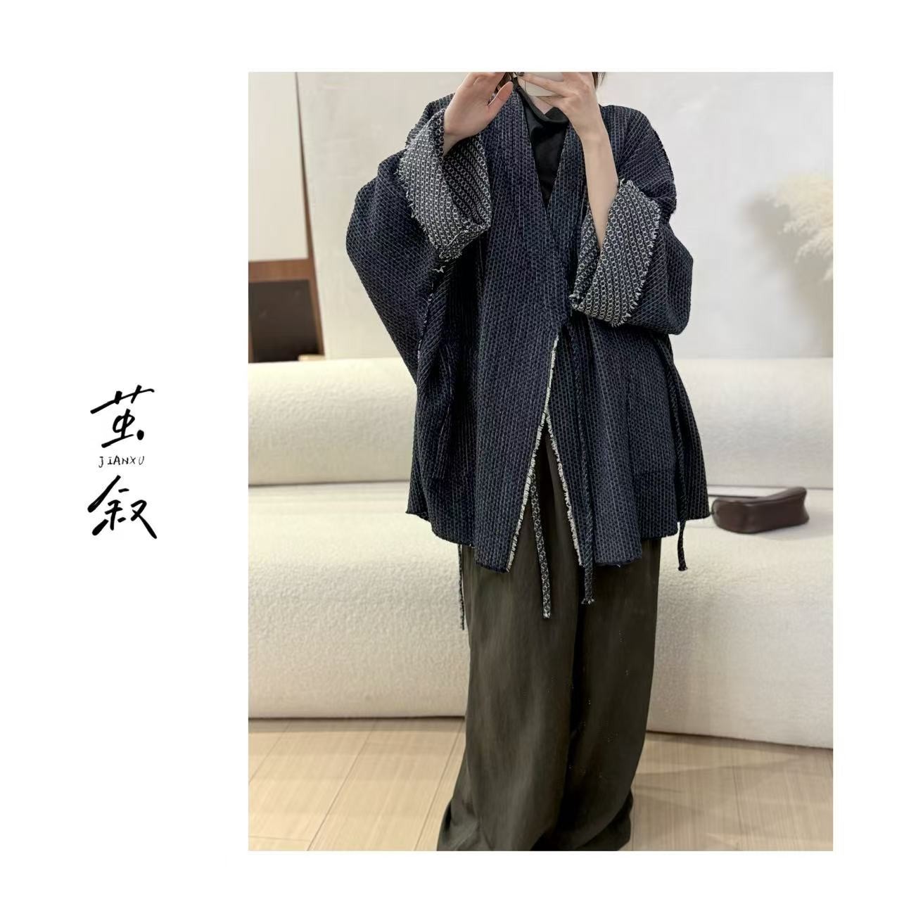 JIAN.XU【非诚勿扰】宽松型亚麻编织系带开衫正反面可穿长80胸围160