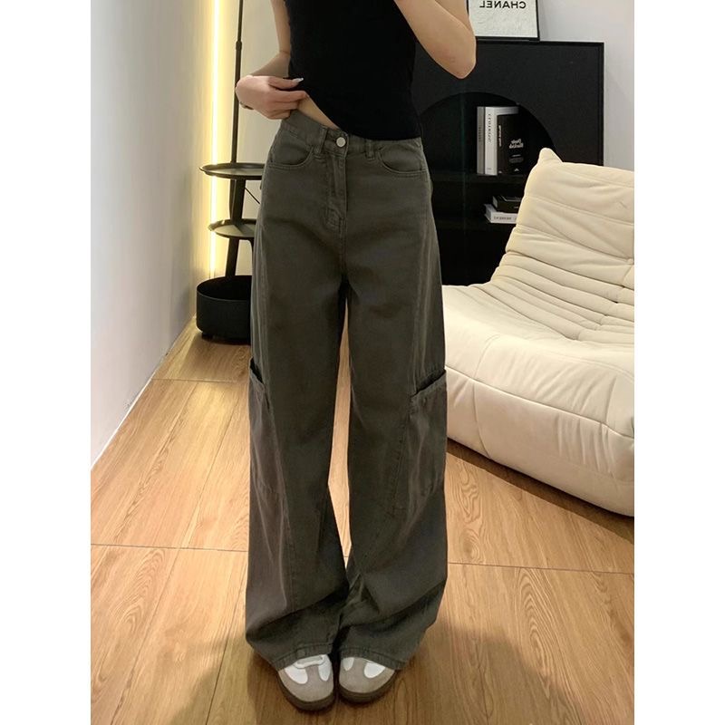 灰色阔腿微喇叭工装牛仔裤女2025秋季新款宽松高腰显瘦加长拖地裤