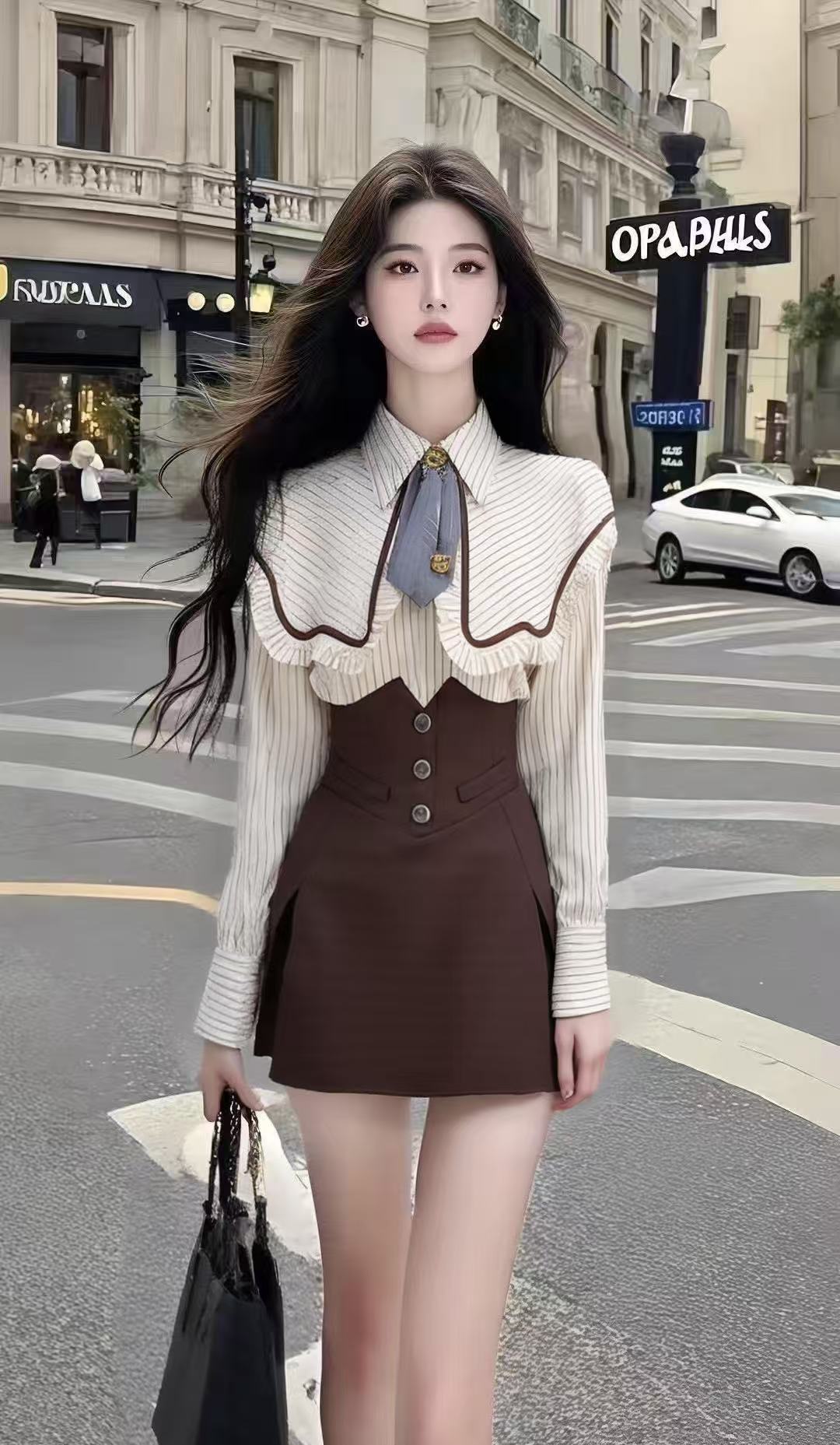 时尚小香风气质穿搭杏色长袖条纹修身上衣+咖色高腰半身裙两件套