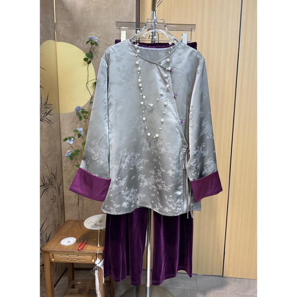 国风新中式提花上衣+阔腿裤时尚女装套装