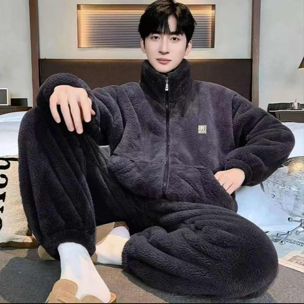 【爆款】男保暖常规款家居服套装老公睡衣短裙厚款立领长袖