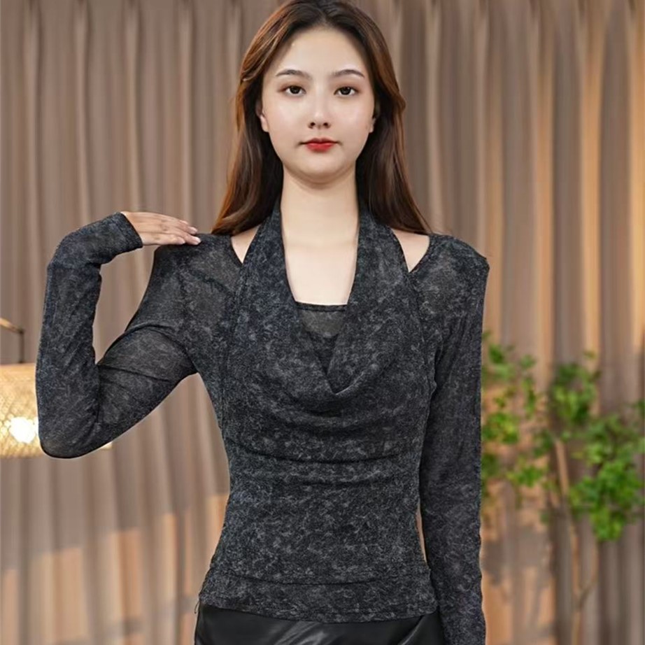 网红洋气炸街女装染色速干抗皱长袖拼接V领印花T恤健身打底衫时尚