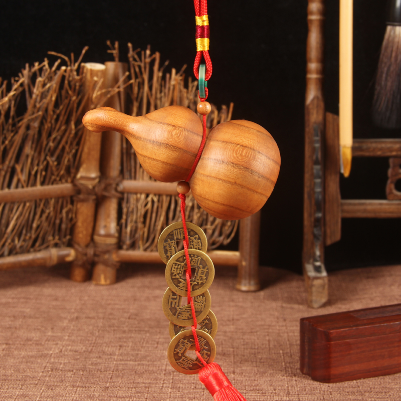 五帝钱挂件桃木葫芦 平安老桃木实心葫芦风水 乔迁新居葫芦挂件